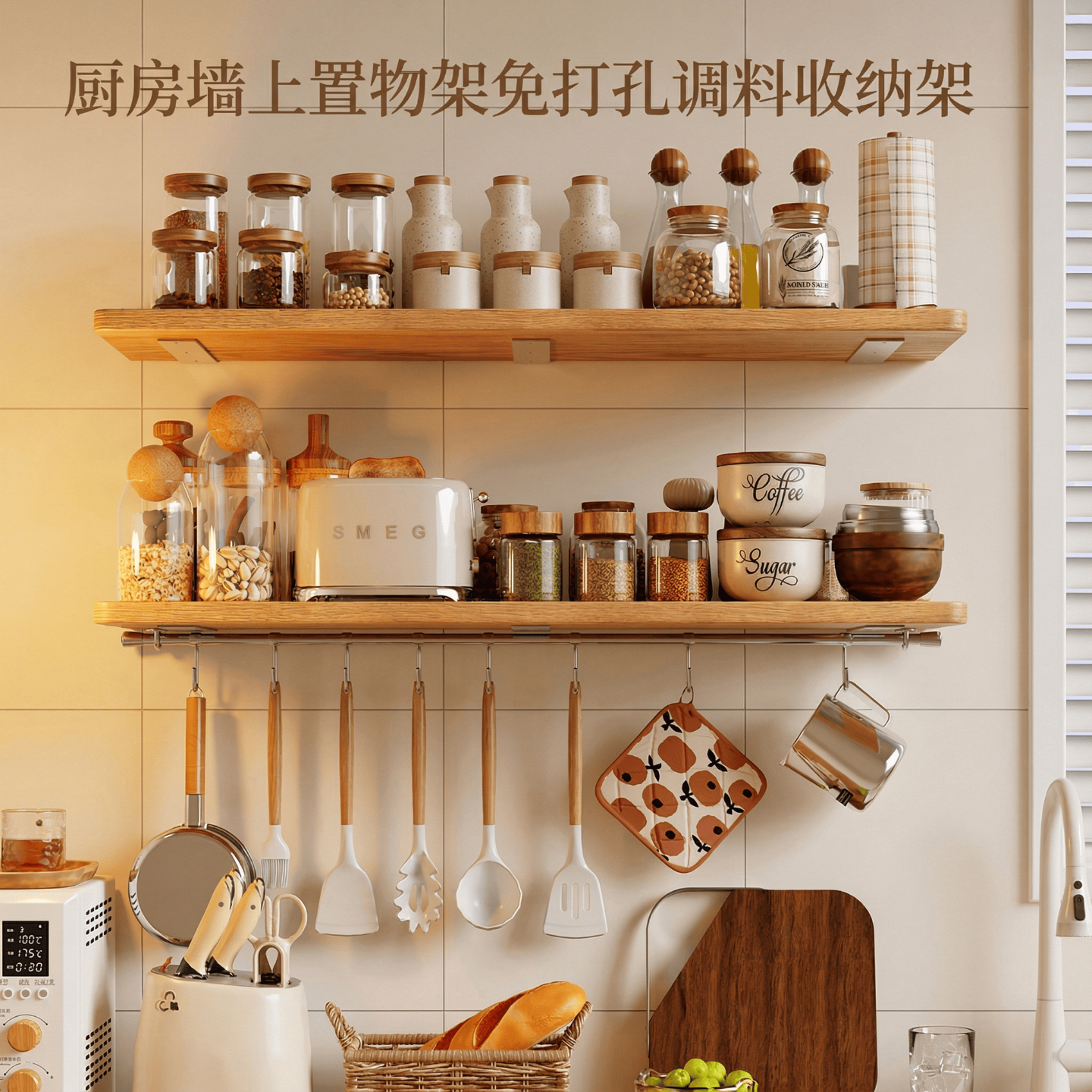厨房墙上置物架免打孔实木一字板餐厅吧台调料收纳架子挂墙面隔板