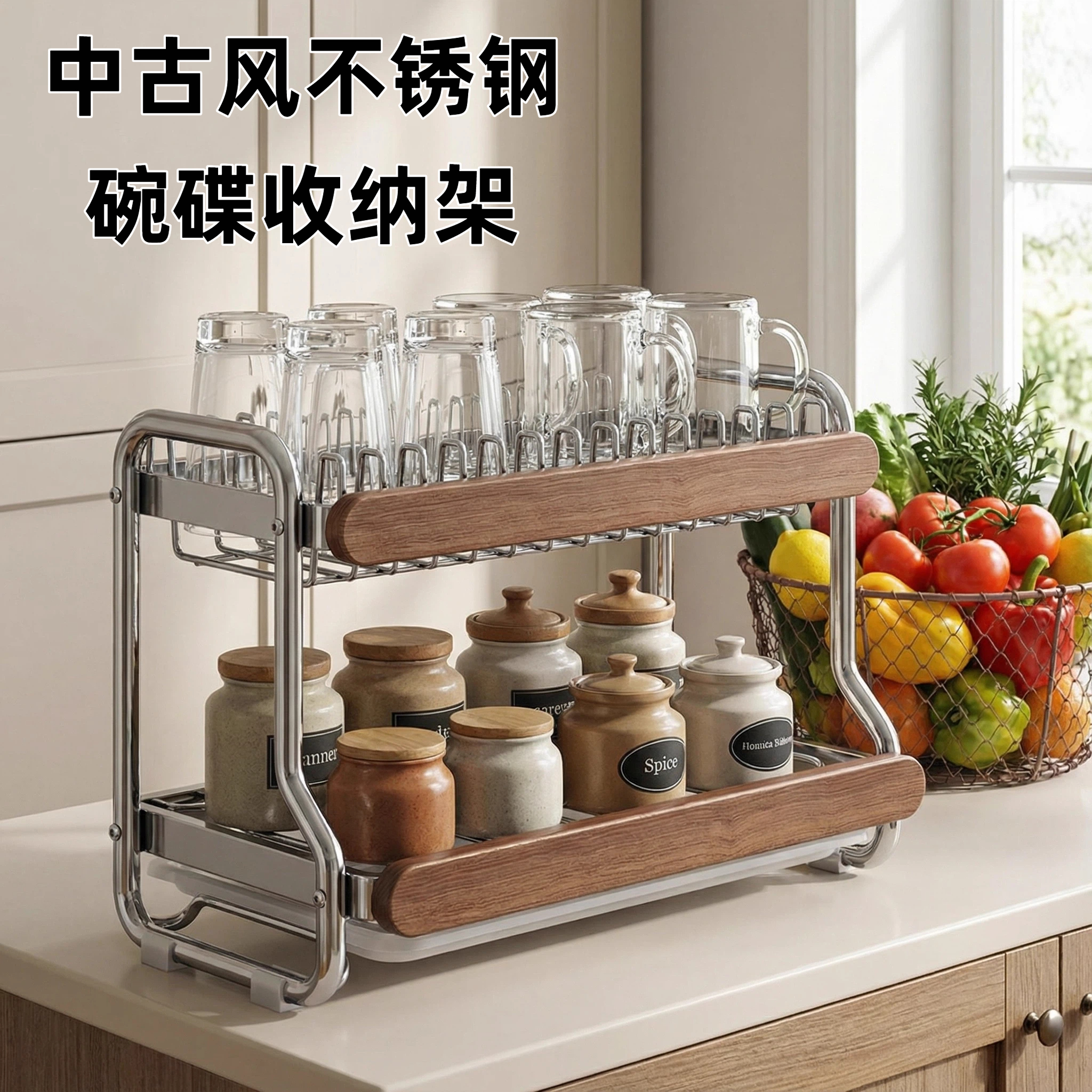 中古风不锈钢碗碟收纳架厨房置物架台面多功能放碗筷盘沥水碗架子