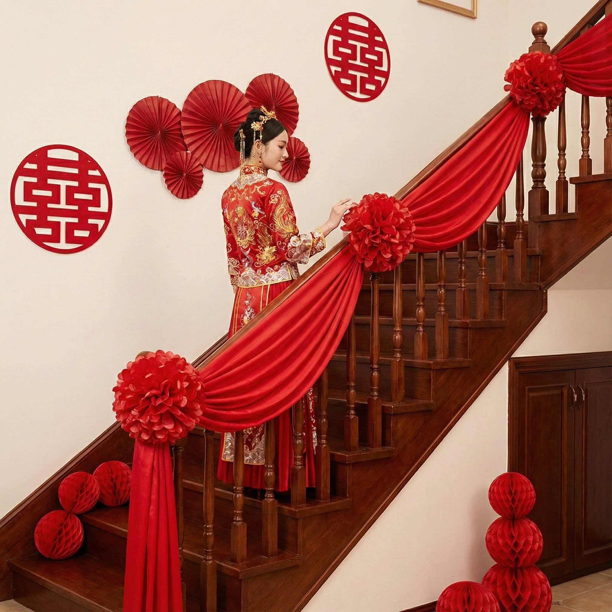 大红花结婚庆婚房布置套装楼梯扶手绣球婚礼农村别墅装饰拉花用品