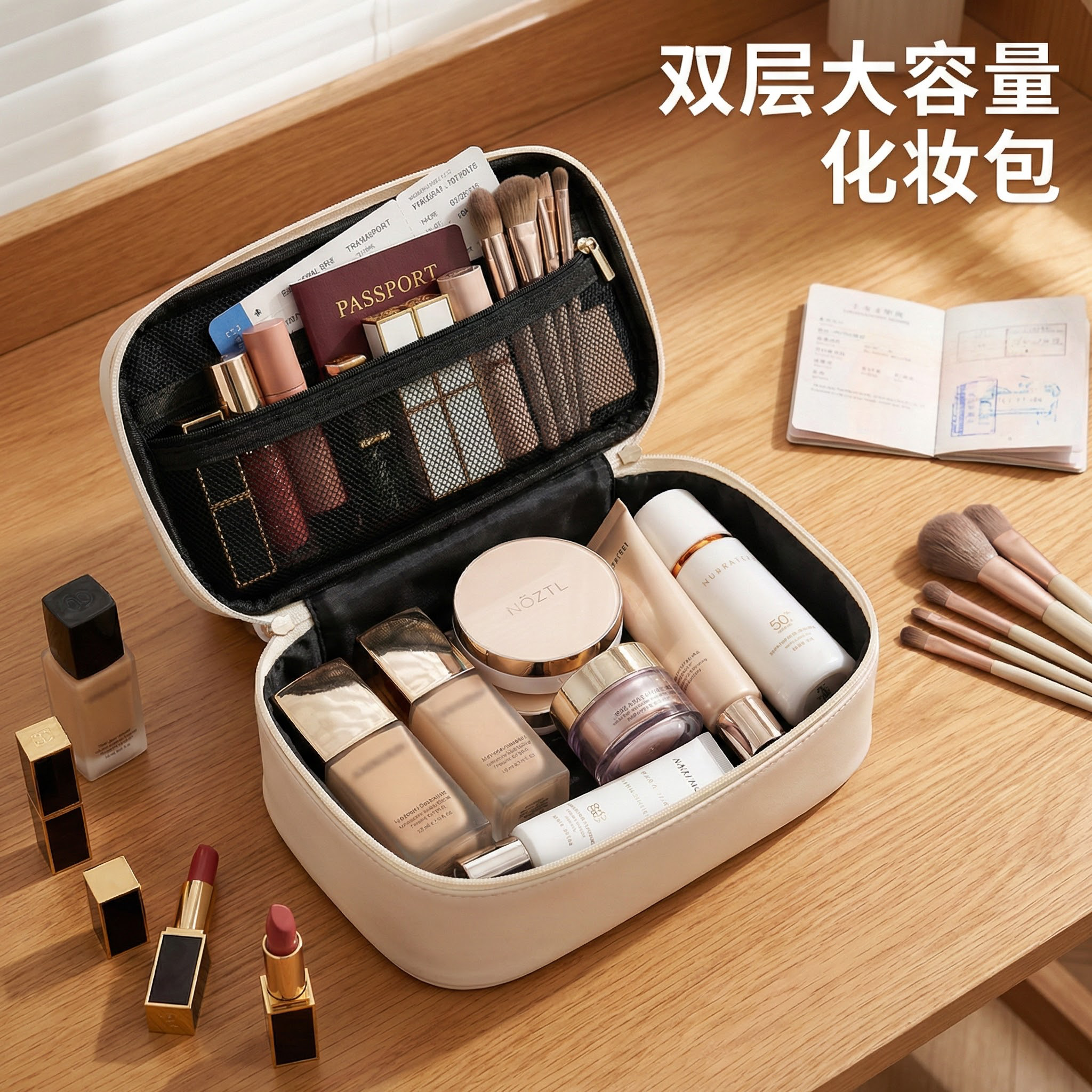 轻奢高级感双层化妆包女式多功能化妆品收纳包出差旅行化妆箱拉链,收纳整理,化妆包,淘宝优惠券,粉丝福利购,淘宝优惠卷