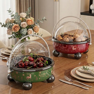 高脚沥水水果盘家用客厅茶几轻奢高颜值零食糖果带盖带提手干果盘