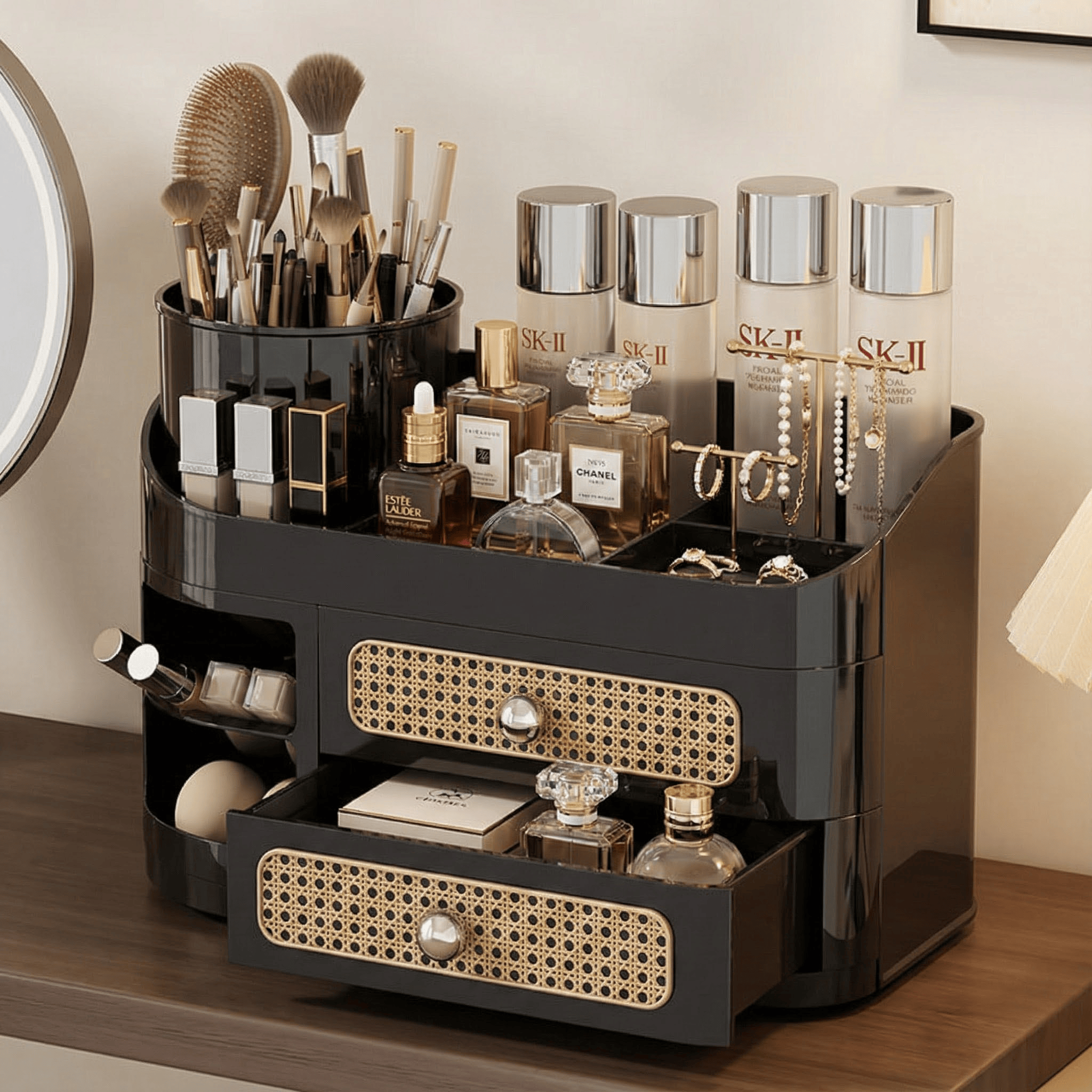 化妆品收纳盒桌面防尘高级梳妆台多层护肤品中古风置物架藤编盒箱,收纳整理,化妆品收纳架,淘宝优惠券,粉丝福利购,淘宝优惠卷