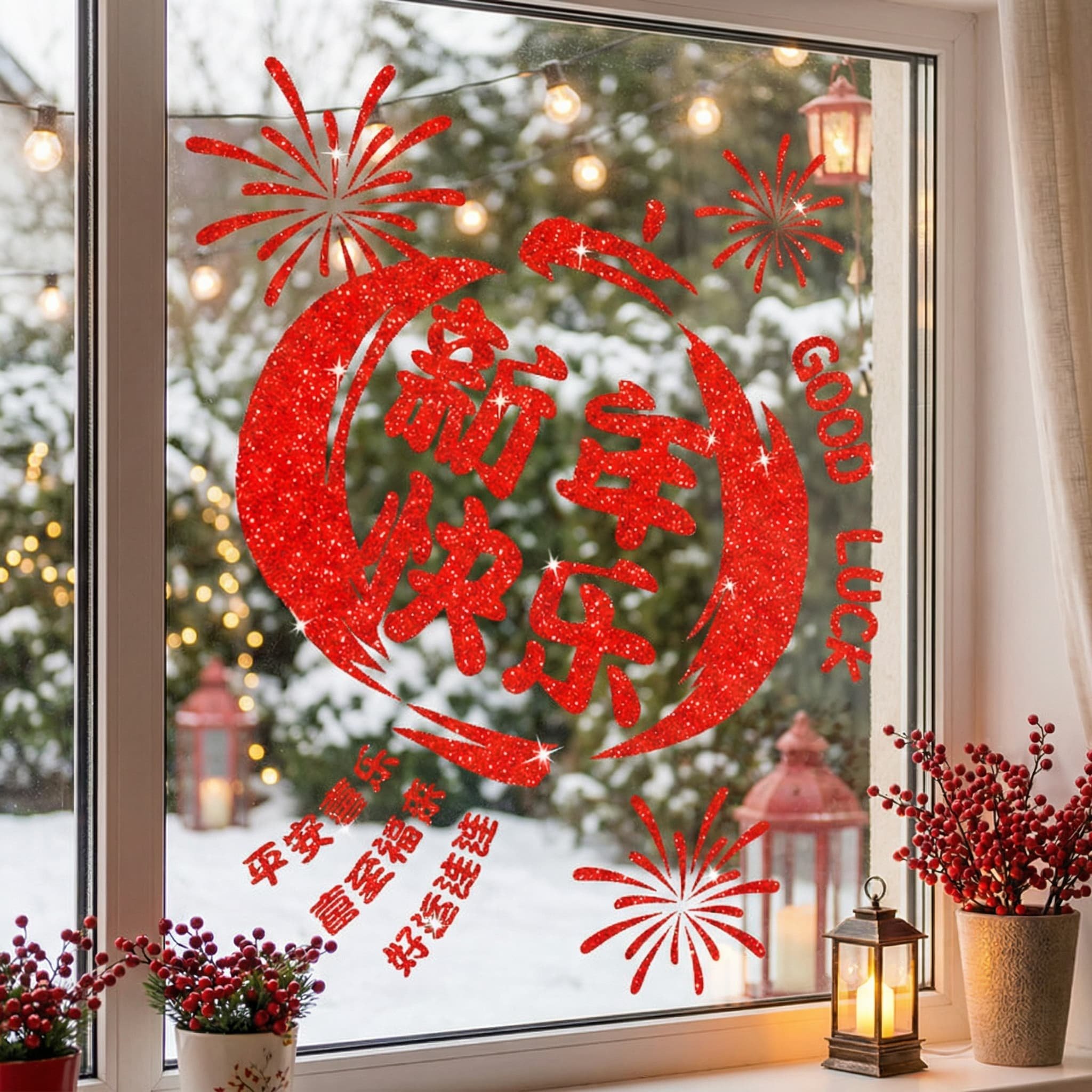 红色灯笼闪粉静电窗花商场橱窗场景节日布置新年快乐玻璃门贴家用,家居饰品,玻璃膜/贴,淘宝优惠券,粉丝福利购,淘宝优惠卷