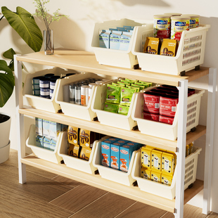 居家家可叠加带滑轮收纳筐家用零食玩具杂物收纳篮厨房橱柜置物架