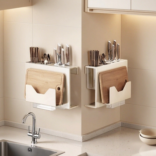 刀架置物架厨房多功能壁挂式 刀具收纳架砧板筷子筒菜板一体置物架