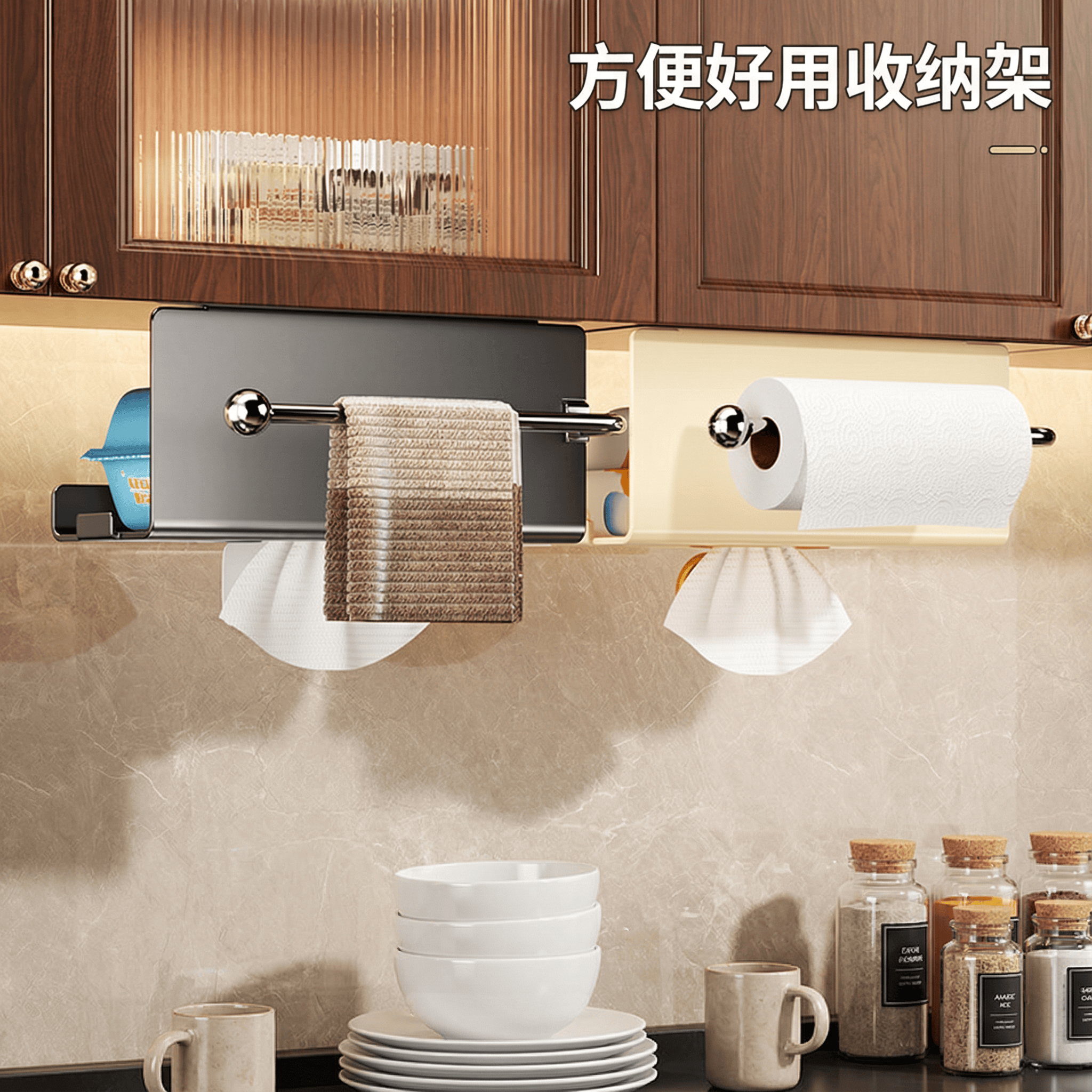 厨房多功能免打孔纸巾架橱柜下壁挂式挂架保鲜膜卷纸收纳架置物架,家庭/个人清洁工具,卷纸器/纸巾架,淘宝优惠券,粉丝福利购,淘宝优惠卷