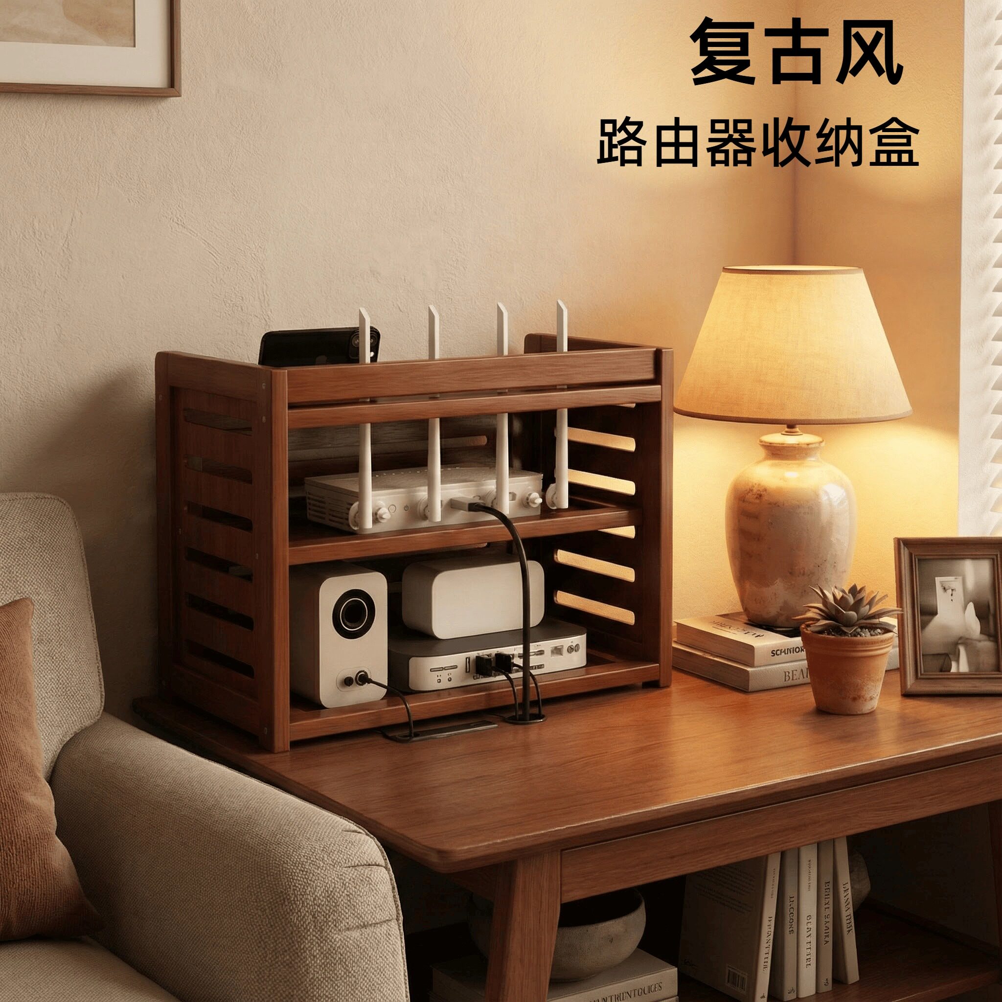 复古路由器收纳盒家用客厅光猫机顶盒整理架电线隐藏储物置物架子