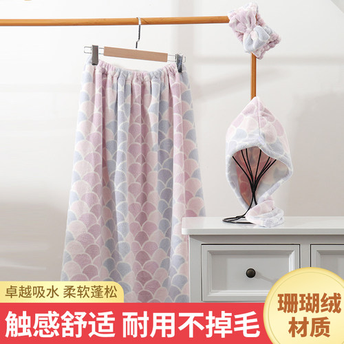珊瑚绒印花鱼鳞纹毛巾浴巾干发帽