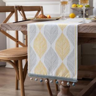 美式 饰电视柜斗柜盖布 复古风桌旗树叶珠子流苏长条桌布撞色节日装