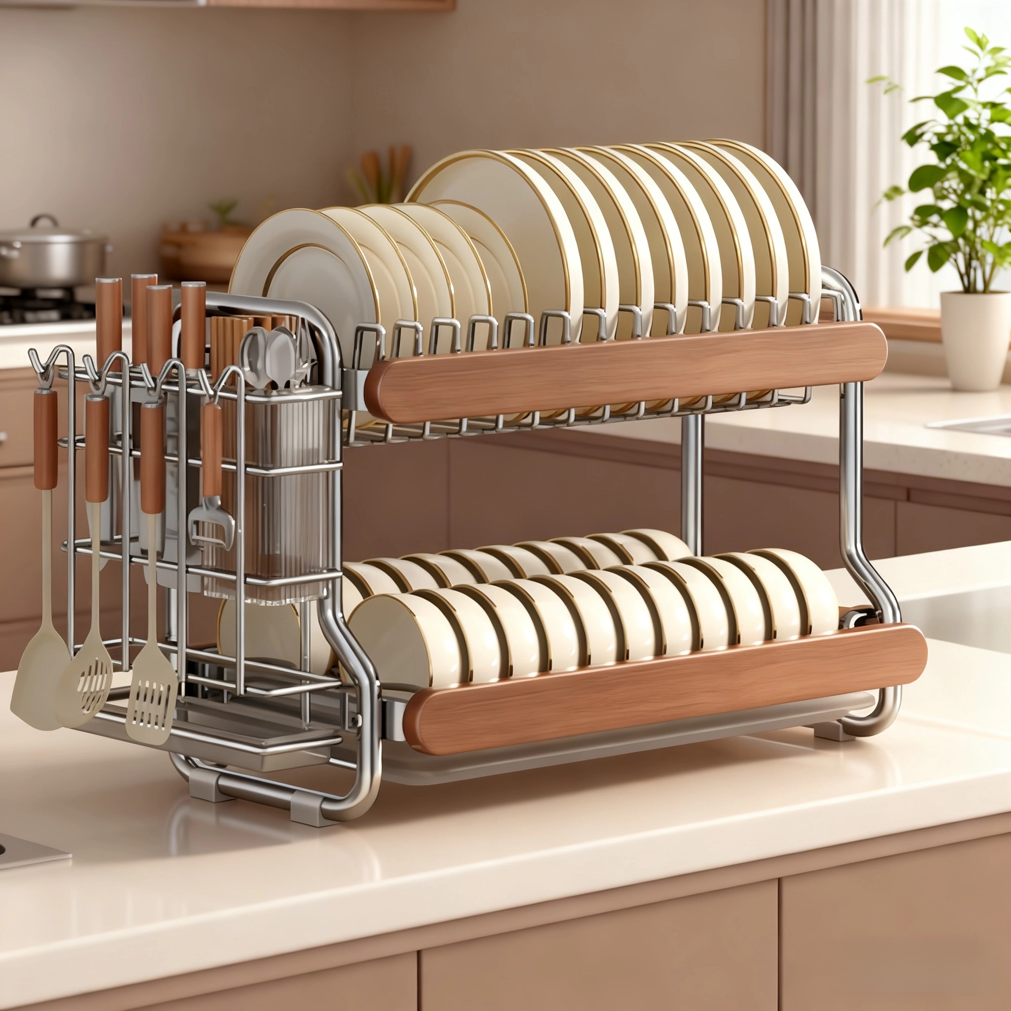 中古风不锈钢碗碟收纳架厨房碗盘