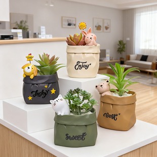 田园复古仿纸袋树脂多肉花盆儿童笔筒创意小花盆桌面装 饰收纳摆件