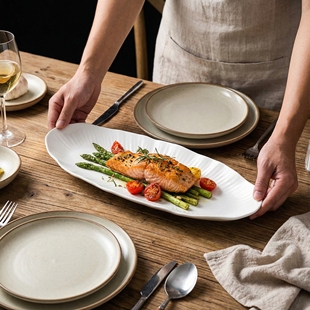 家用餐厅大号蒸鱼盘子寿司盘子个性 高级感条纹长条椭圆形意境菜盘