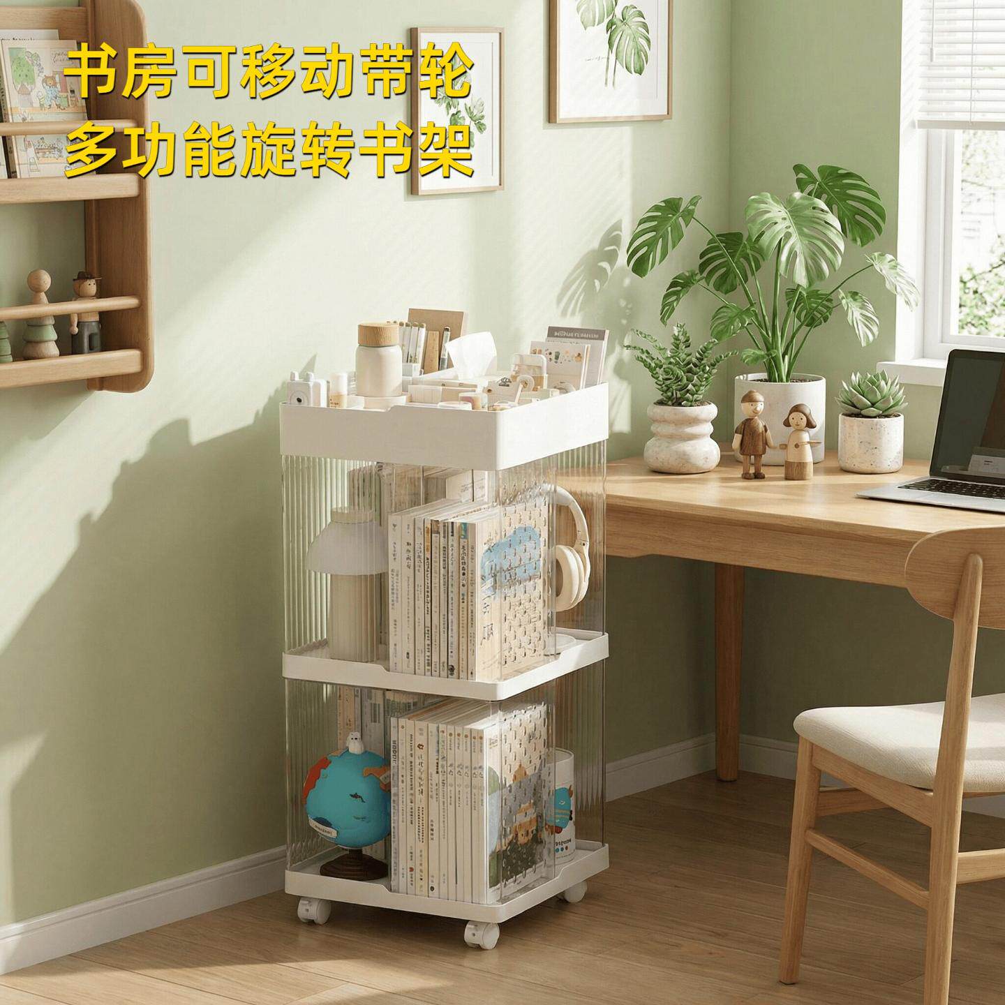 书架书立落地置物架度旋转可移动带轮收纳箱转角多层收纳架塑料柜