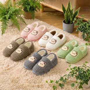 舒适家用男冬小熊图案情侣加厚 居家保暖毛绒拖鞋 棉拖鞋 女冬新款
