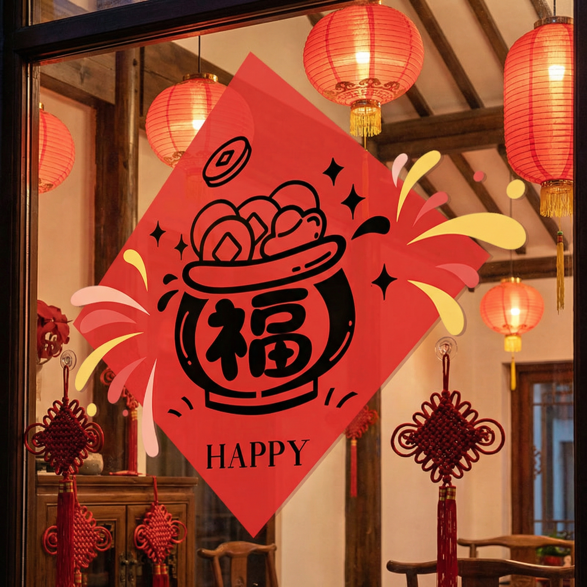 橱窗红色福字静电窗花店铺节日氛围布置聚宝盆烟花玻璃门贴纸高端,节庆用品/礼品,节日装扮用品,淘宝优惠券,粉丝福利购,淘宝优惠卷