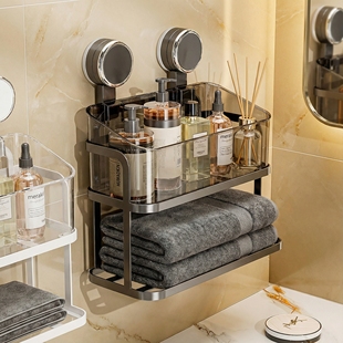 卫生间洗脸巾壁挂收纳盒免打孔吸盘大容量双层置物架洗漱台整理架