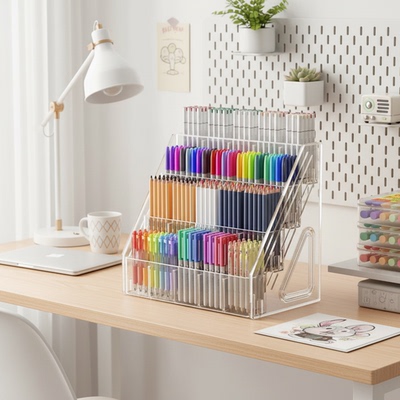 笔架水彩笔大容量亚克力分格笔筒