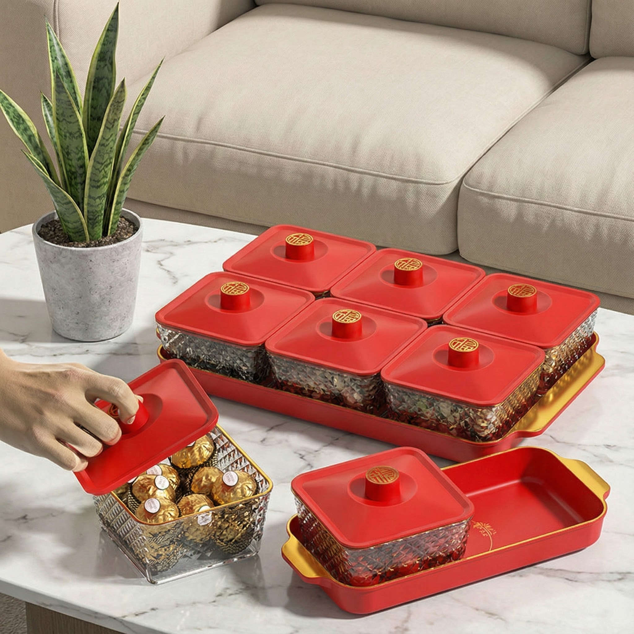 家用轻奢分格糖果盒带盖托盘婚礼喜糖盒客厅零食食品级干果盒家用