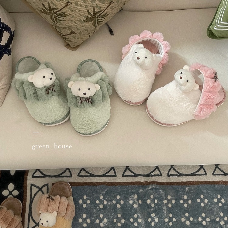 熊头翻盖两穿蛋挞鞋毛绒拖鞋