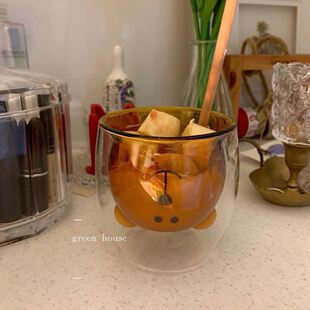 green house *韩国ins小熊头琥珀色双层玻璃杯麦片优格杯水杯