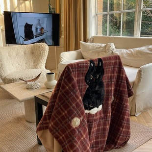 green 复古猫咪狗格纹牛奶绒仿羊绒沙发毯盖毯保暖休闲毯 house