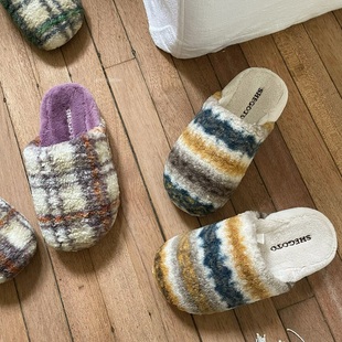 家居鞋 出口外贸高级感复古格子保暖毛绒拖鞋 house green