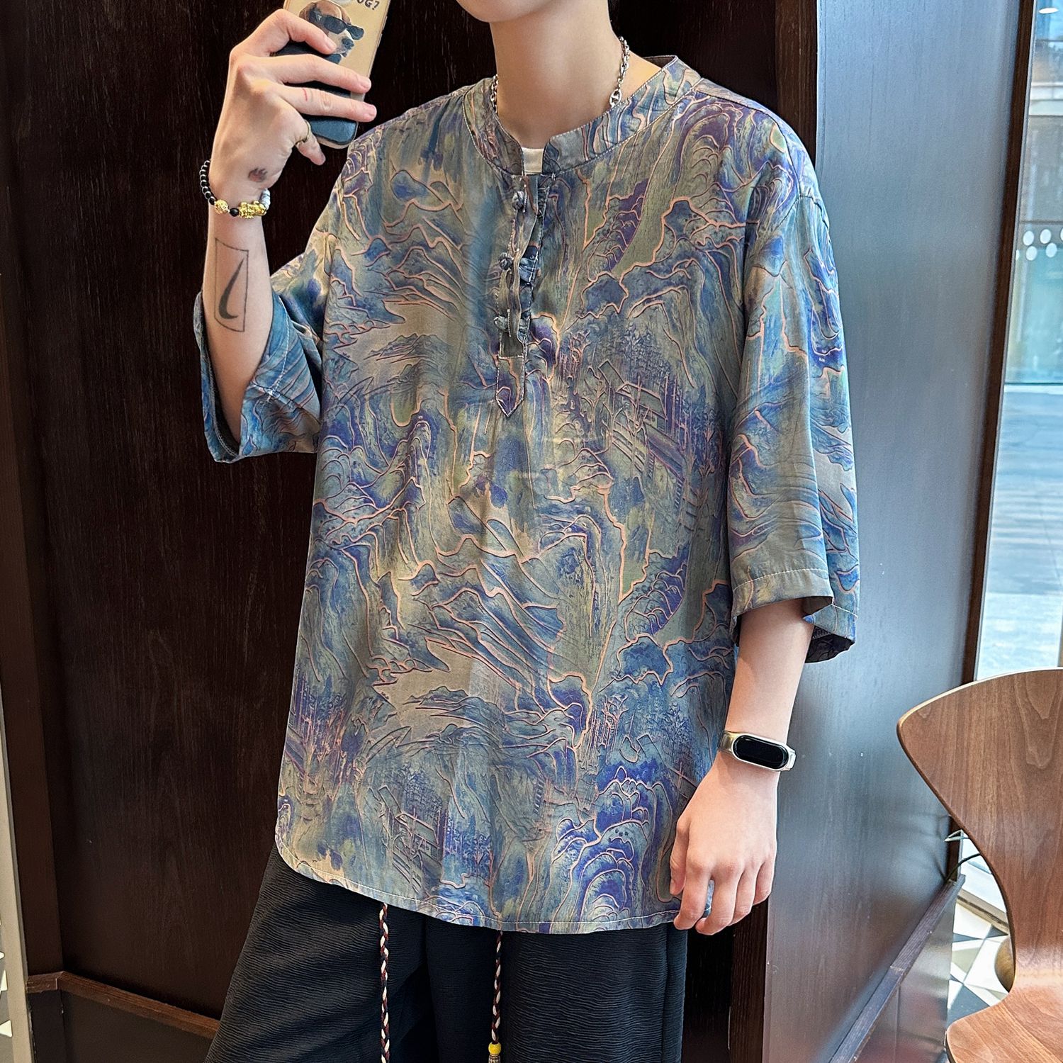 香云纱轻薄新中式水墨山水T恤男风古装唐装宽松大码DT62P45,男装T恤,电商A018