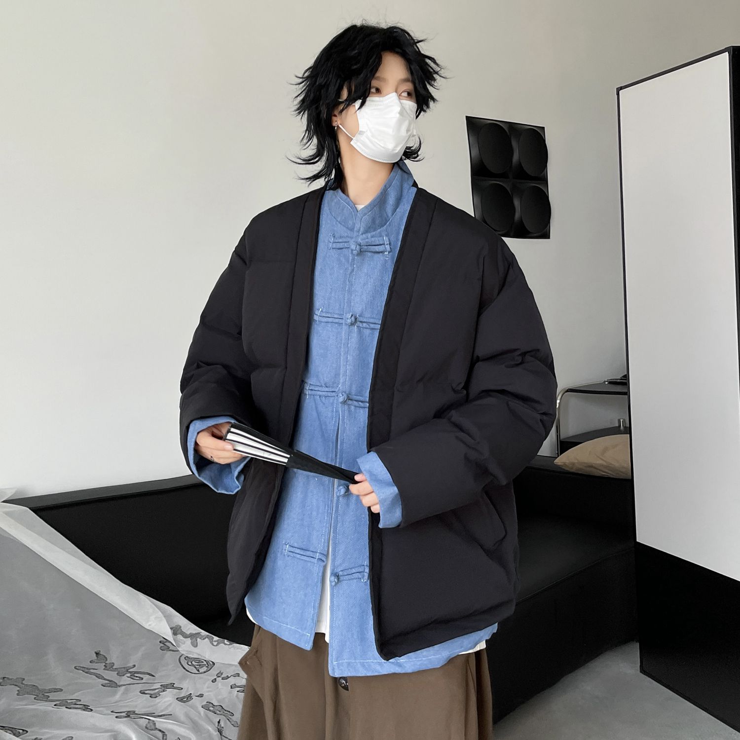 潮盘扣假两件棉服男立领外套男生加两件面包服夹克MA248P145,男装夹克,电商A019