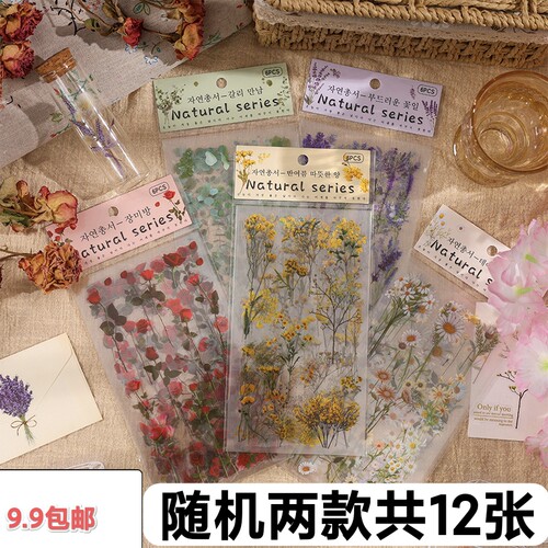 复古花卉贴纸可爱手账装饰素材pet贴画仿真干花DIY儿童咕咔创意