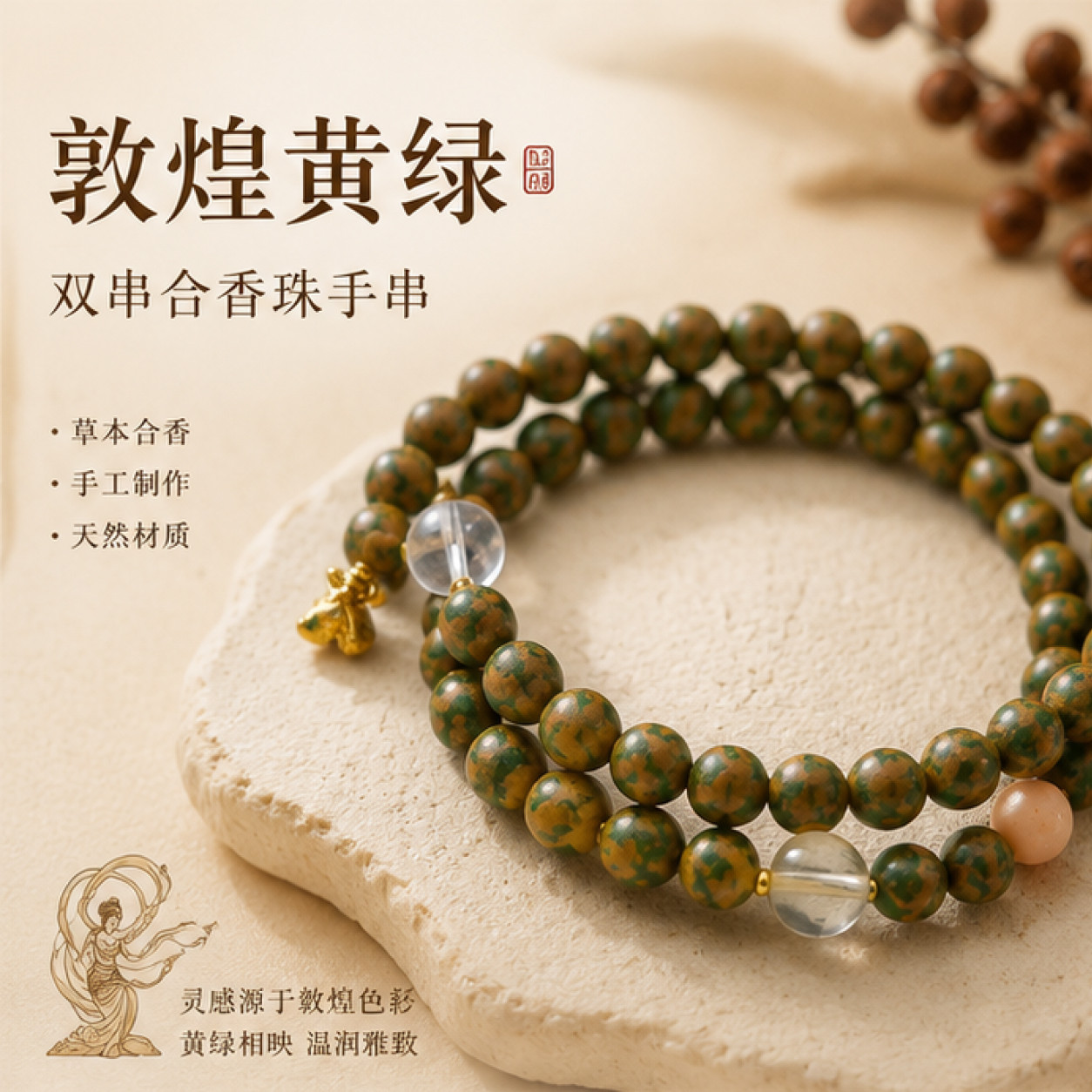 敦煌黄绿双串合香珠手串8mm图片