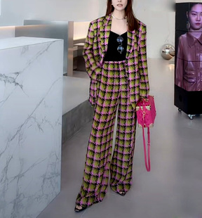 设计新款时尚千鸟格子套装拼接女士西装两件套宽松气质阔腿长裤