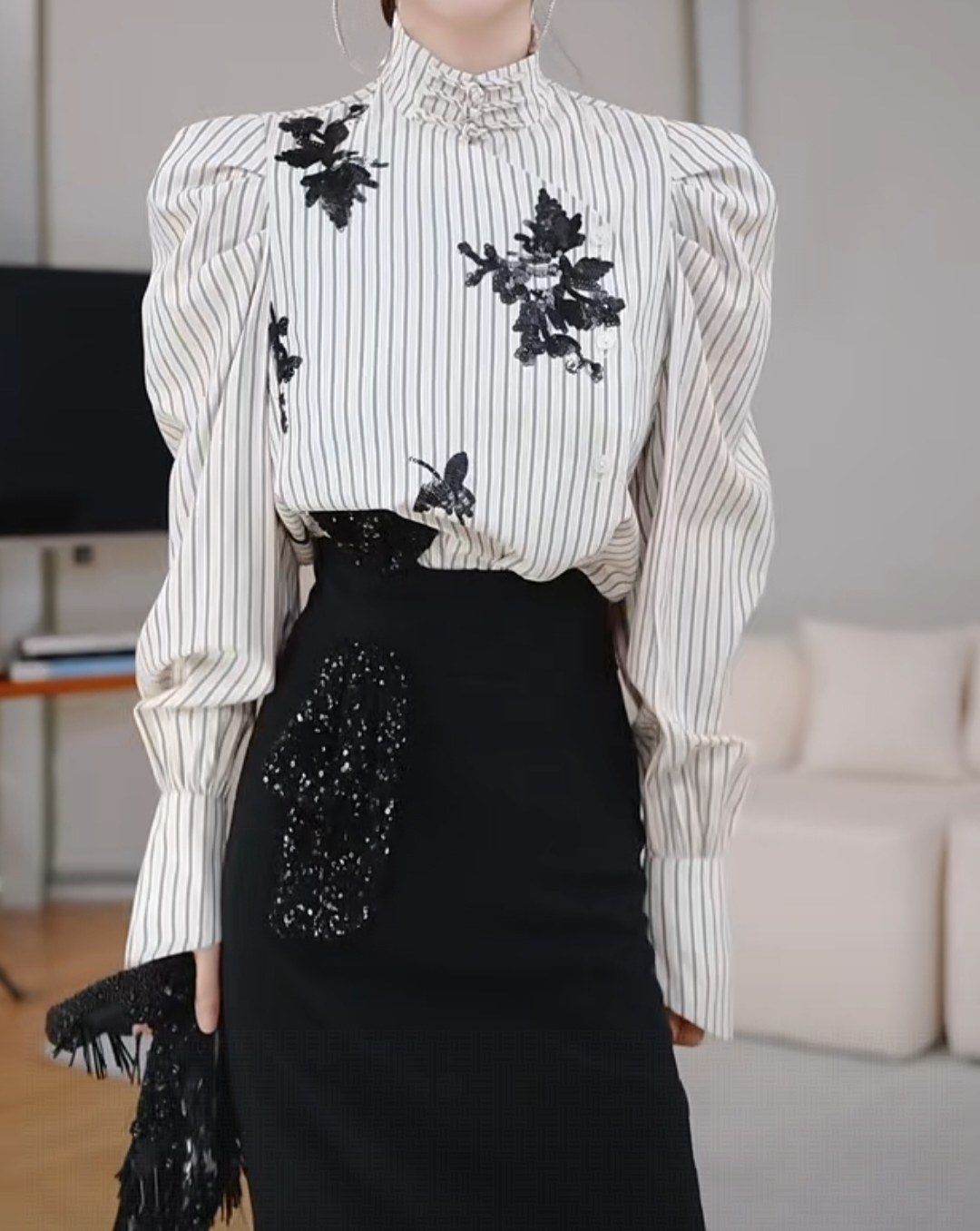 2025新款设计款女士新中式条纹衬衫唐装+半身裙两件套优雅大气,女装/女士精品,汉服上装,淘宝优惠券,粉丝福利购,淘宝优惠卷