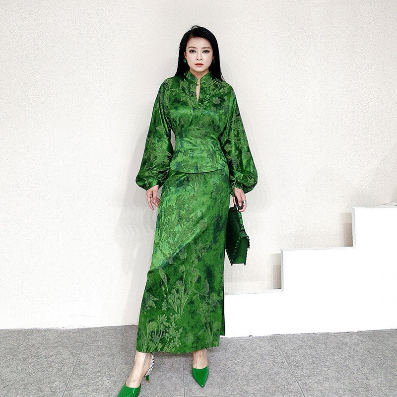 新中式国风复古森承盘扣女士提花套装两件套宽松拼接夹克外套