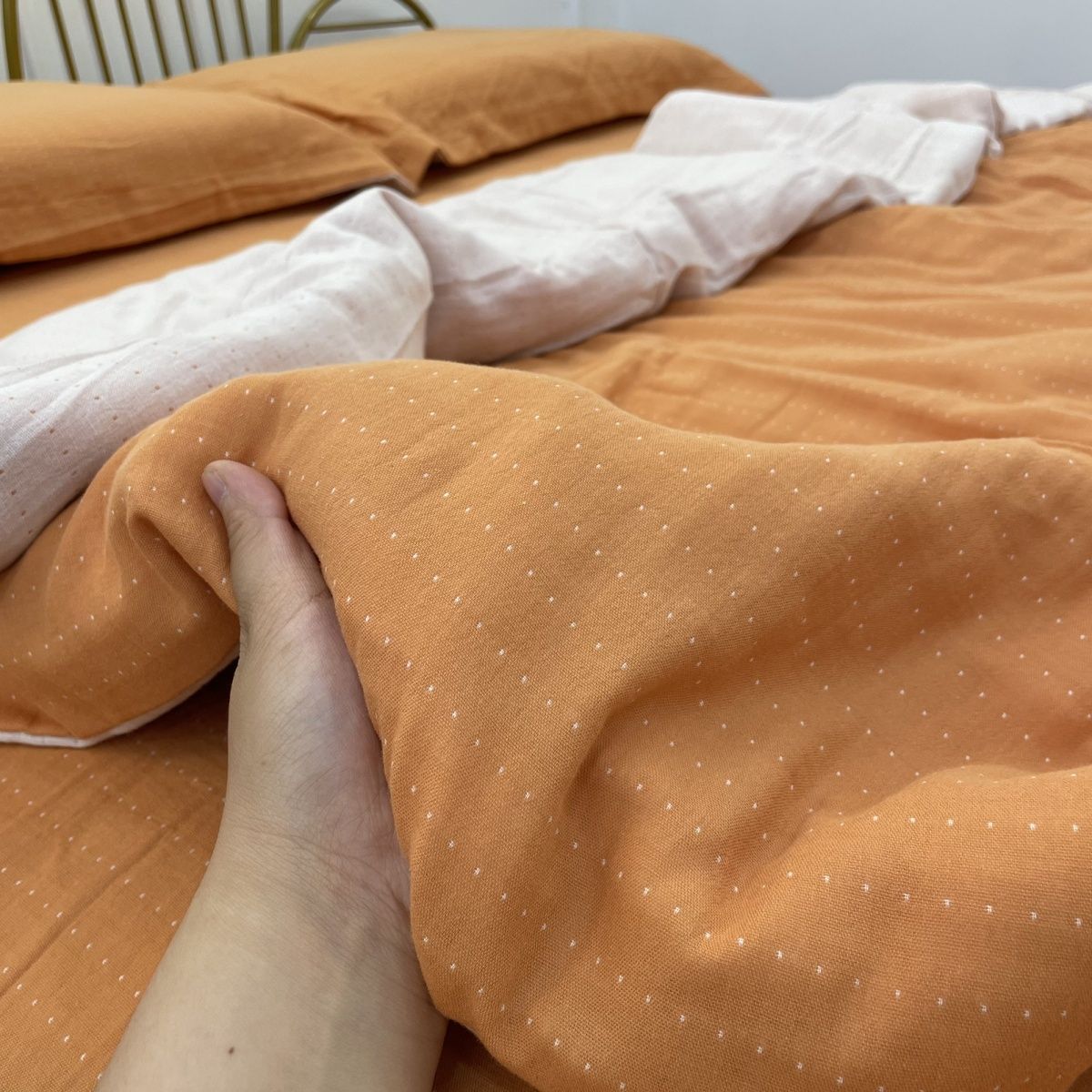 （纯色橘白）A类母婴级全棉炫彩双层纱被罩单件四季通用柔软舒适