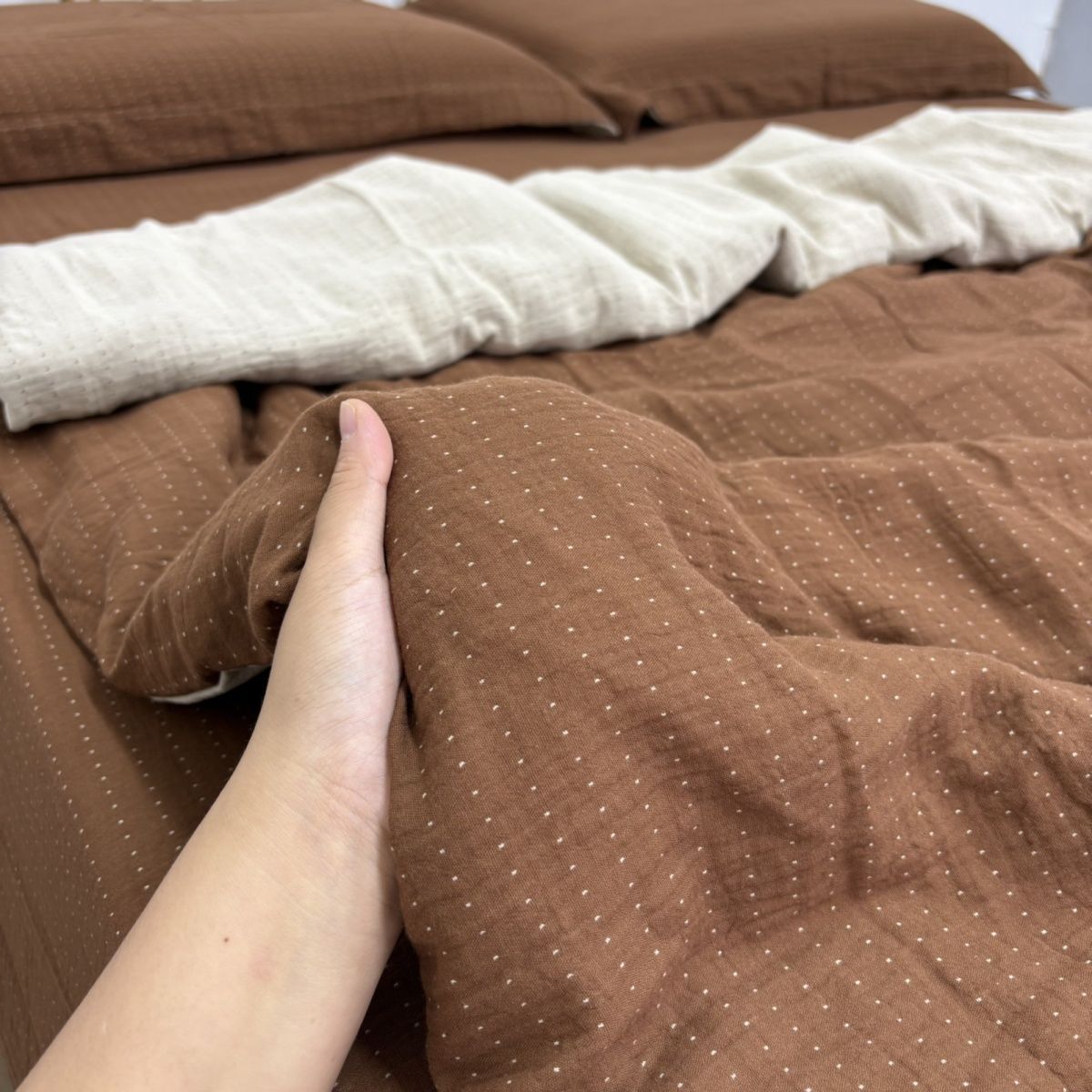 （纯色棕韵）A类母婴级全棉炫彩双层纱被罩单件四季通用柔软舒适