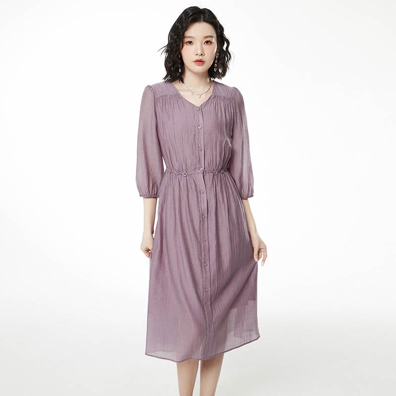 51HG0A0020WZ0A04含天丝气质中长裙九分袖裙子连衣裙女春