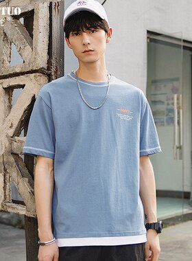 潮牌学生百搭短袖男港风t恤ins夏天宽松假两件纯棉潮流半袖丅上衣