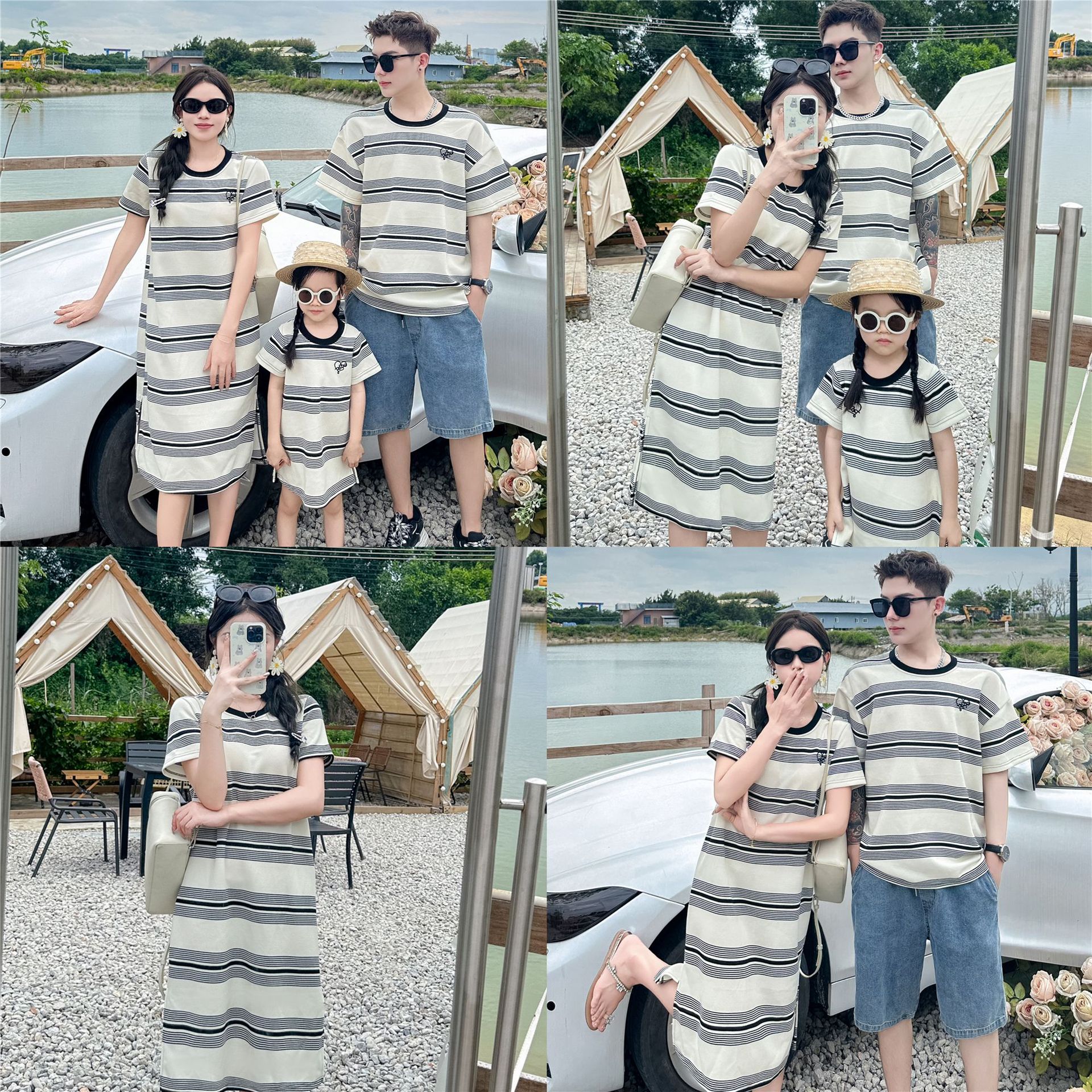 高端亲子装夏季一家三口四口黑白条纹母女连衣裙婴幼儿短袖T恤潮