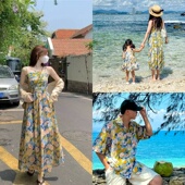 夏季 甜美泡泡袖 新款 母女装 裙 碎花连衣裙一家三口度假风衬衫 亲子装