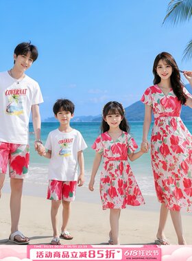 新款海边一家三口夏季亲子装母子母女裙子薄款洋气短袖套装