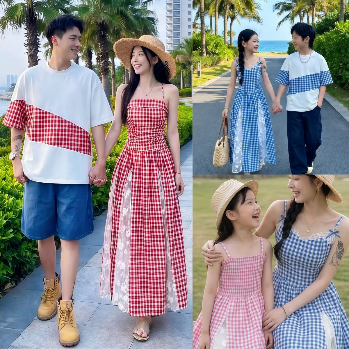 韩版夏季新款亲子装设计感蓝色格子吊带连衣裙女收腰显瘦气质长裙