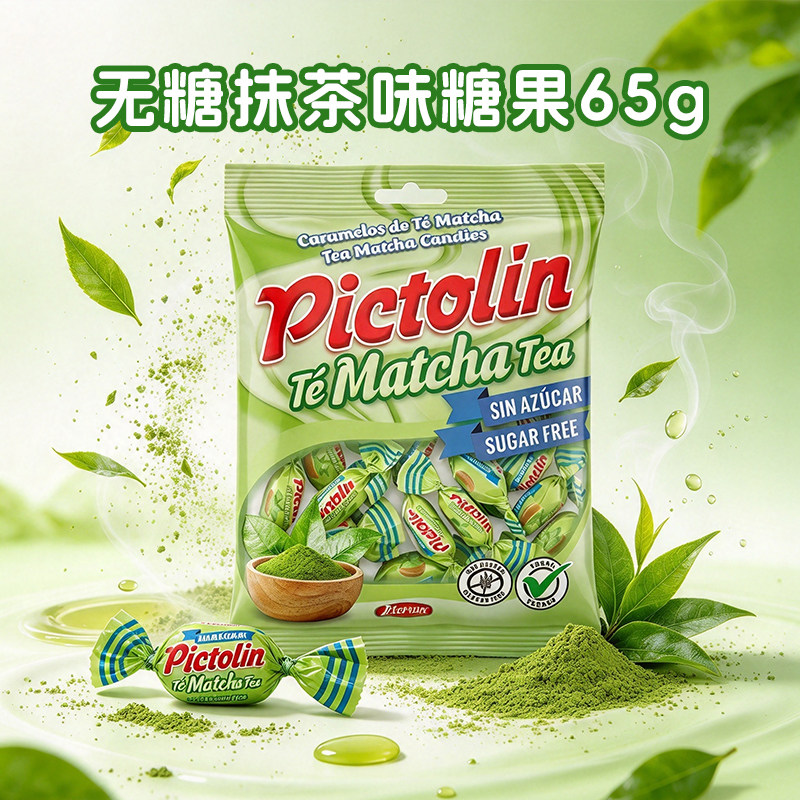 西班牙进口PICTOLIN无蔗糖抹茶味糖果解馋休闲零食65g