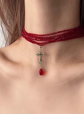 多层红色水晶串珠十字架水滴项链女小众复古奢华气质设计感锁骨链