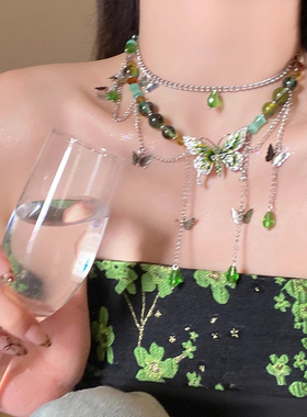 香妃引蝶~绿色水晶蝴蝶项链甜酷辣妹颈链重工精致小众轻奢锁骨链