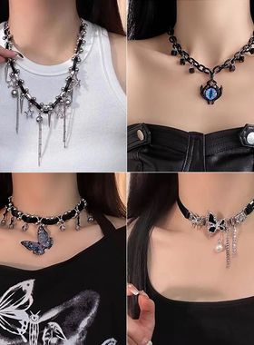 暗黑系皮革流苏星星项链重工y2k辣妹设计感蝴蝶锁骨链choker颈链