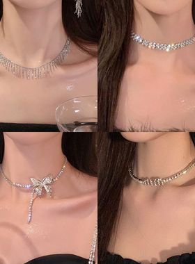 轻奢满钻项链女闪亮小众项链项圈女choker秋冬毛衣链小众锁骨链女