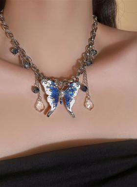 AA6702蓝色流苏蝴蝶项链女颈链轻奢小众高级感锁骨链2024新款爆款