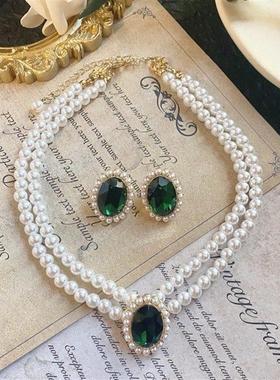 欧美古董宫廷风vintage复古气质椭圆绿色珍珠短款项链锁骨链女