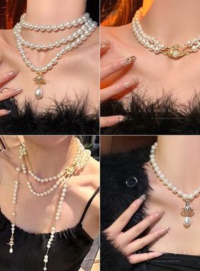 复古多层珍珠项链女珍珠双层土星项链高级感锁骨链生日小礼服颈链