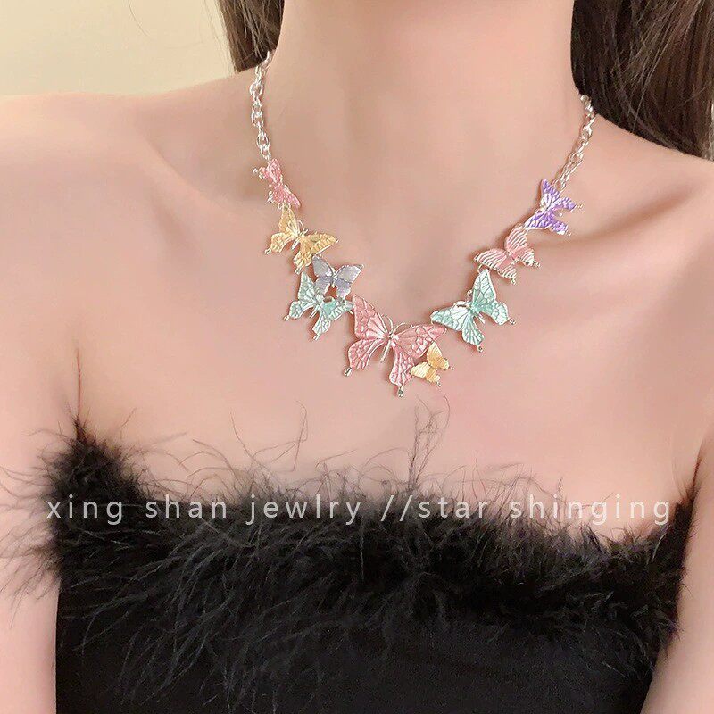 AA6684春日暗黑蝴蝶项链·孤品套装耳钉女复古亚文化锁骨链毛衣链